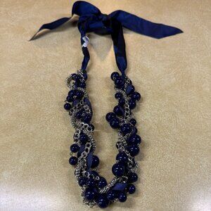 Loft Blue Bauble Necklace w/Silver Chain Interwoven - Fabric Tie - 48 inches
